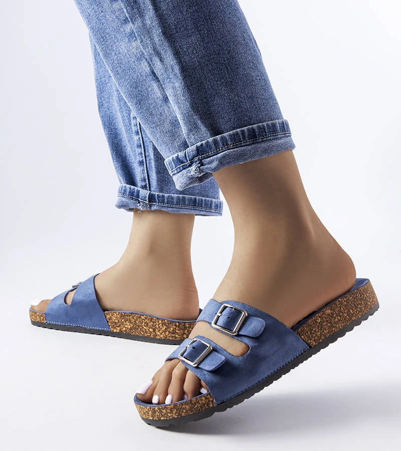 Granatowe klapki na korkowej podeszwie z klamerkami