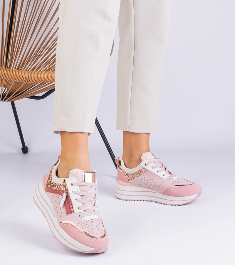 Hers Sneakersy Damskie Różowe na Platformie z Brokatem