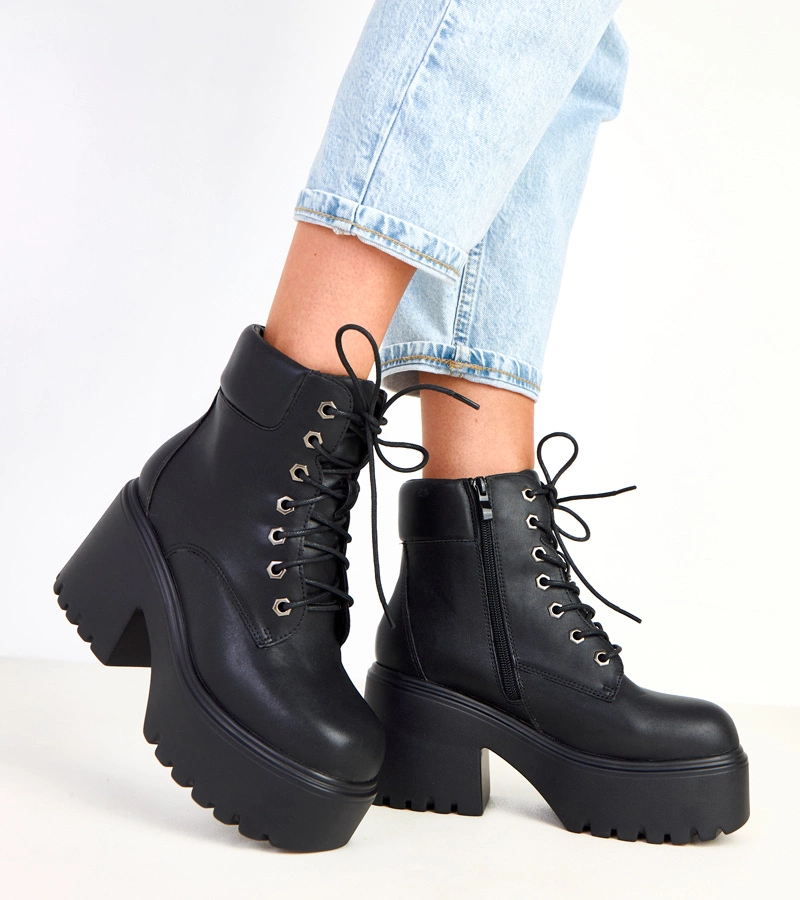 Hers Czarne damskie botki na masywnym obcasie i platformie