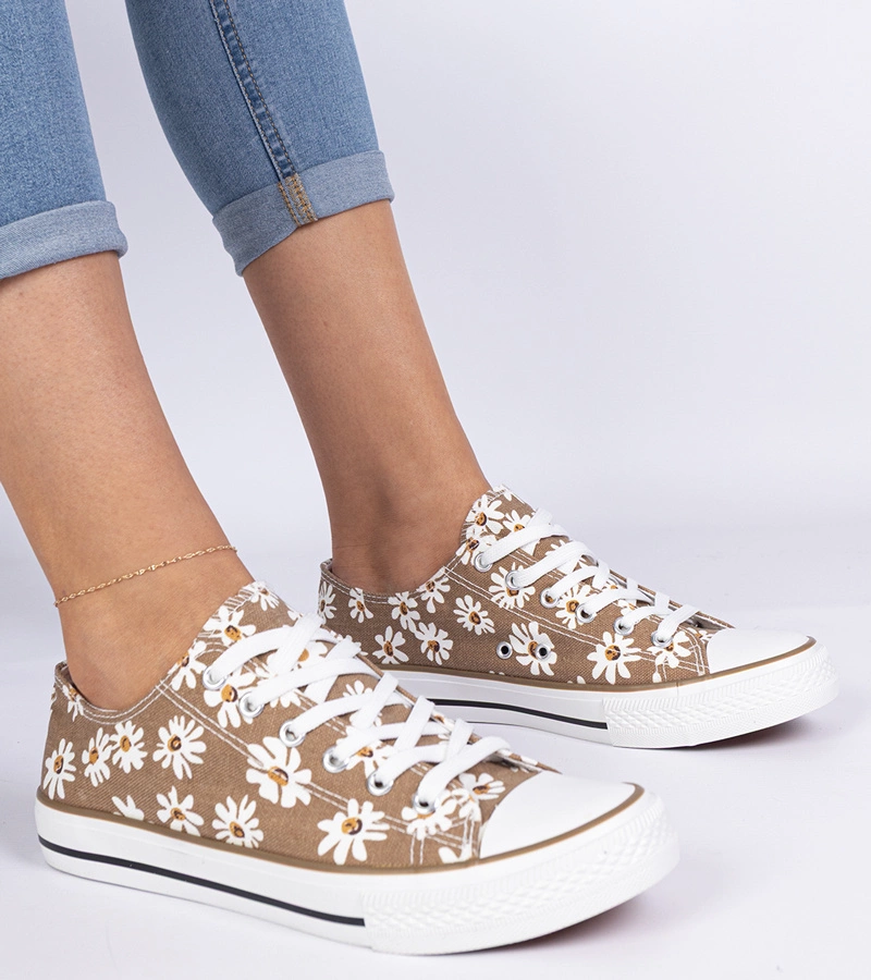 Hers Brązowe trampki damskie materiałowe w kwiatuszki