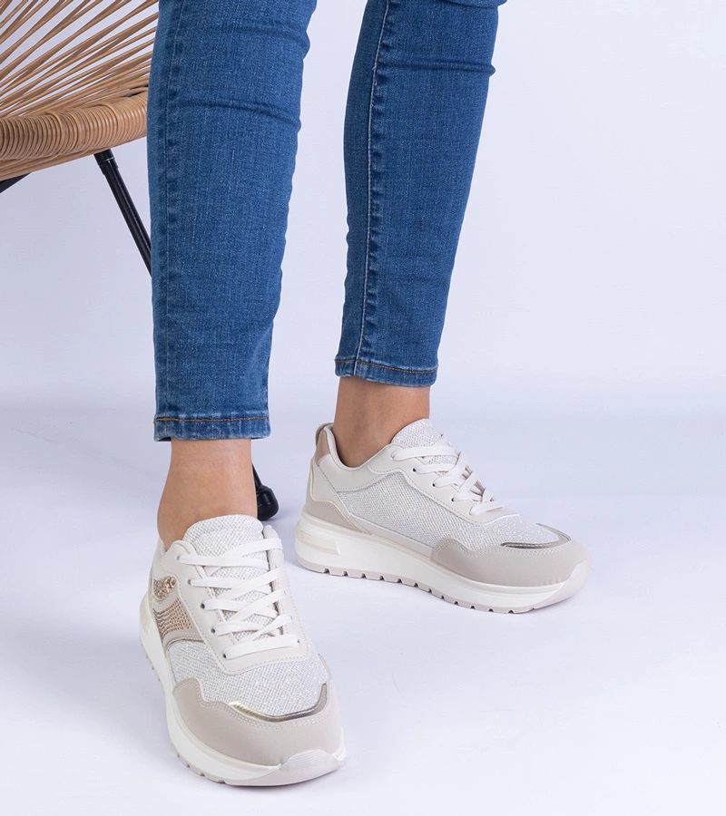 Hers sneakersy damskie beżowe z brokatem i cyrkoniami