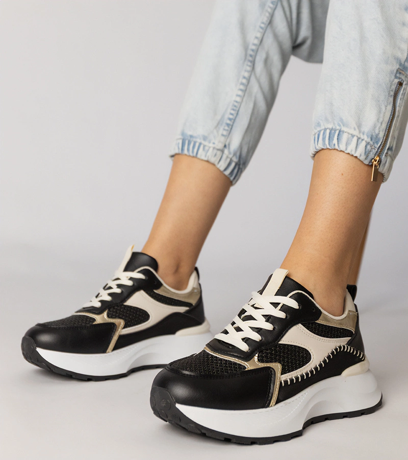 Hers Czarne sneakersy sportowe z plecioną  wstawką