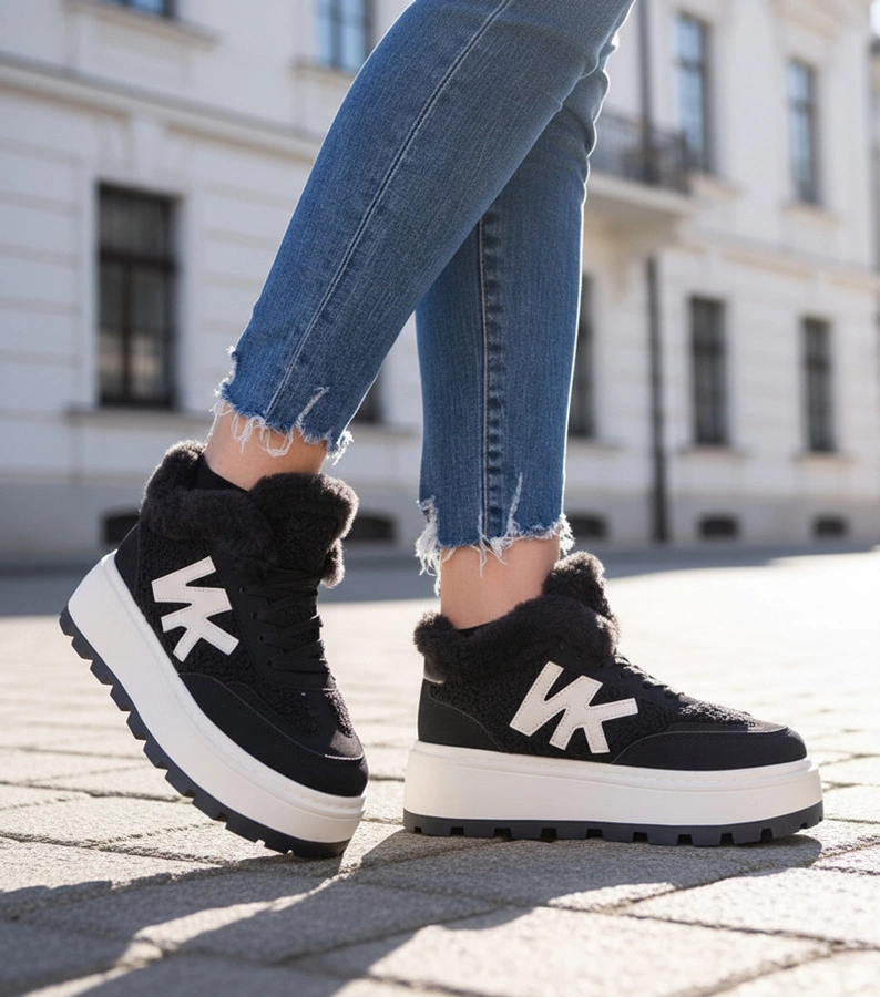 Hers Czarne sneakersy ocieplane z futerkiem