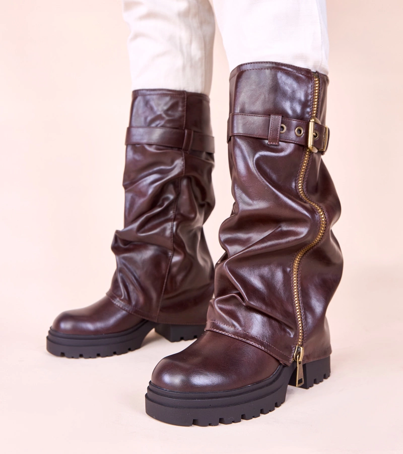 Hers Brązowe kozaki z wywiniętą cholewką