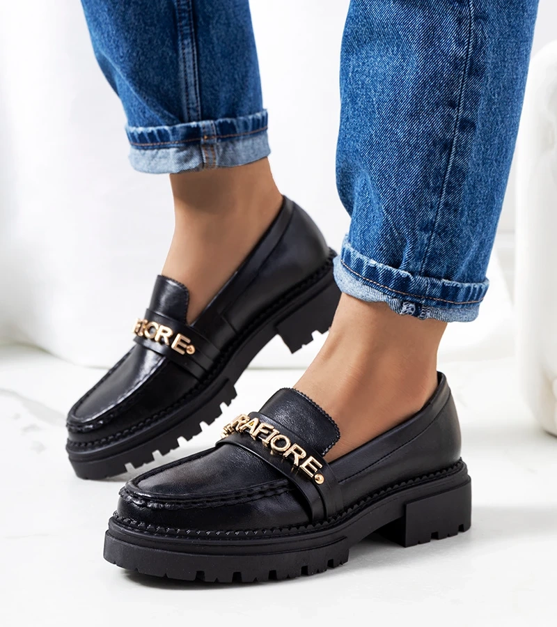 Hers Mokasyny czarne na wysokiej podeszwie