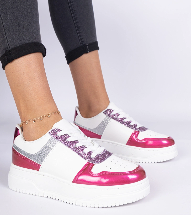 Hers Różowe sneakersy damskie na grubej podeszwie zdobione brokatem