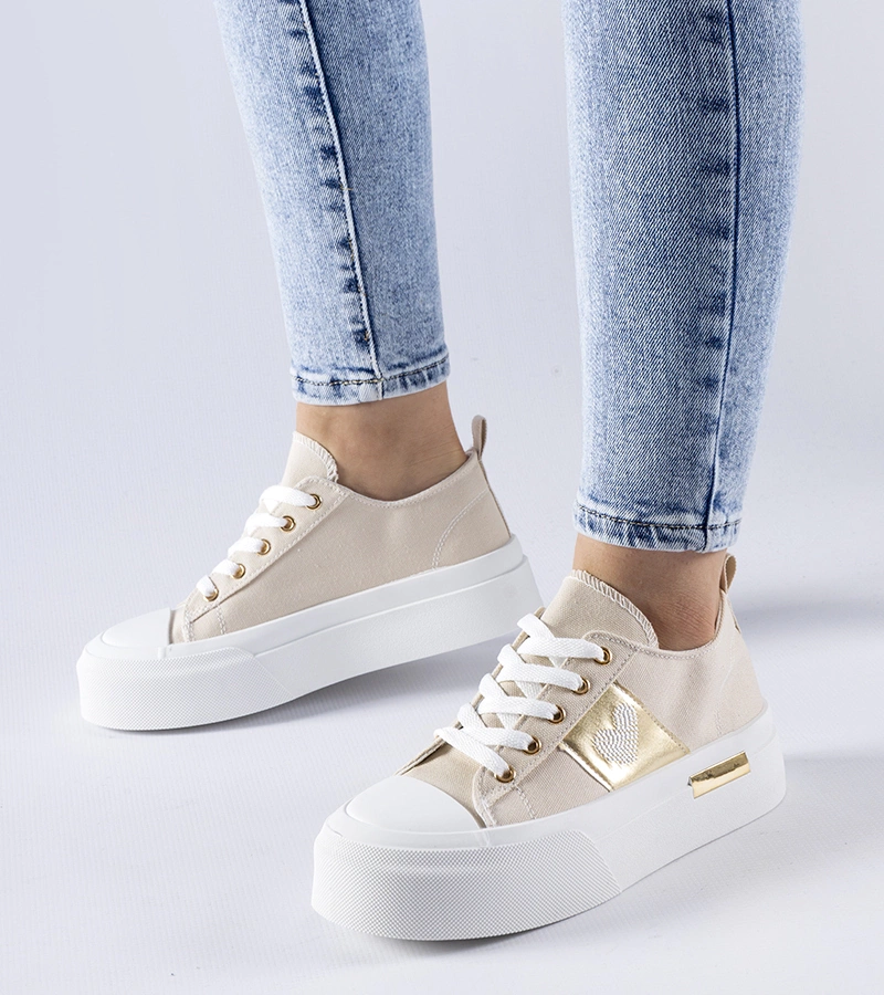 Beżowo-złote trampki na platformie