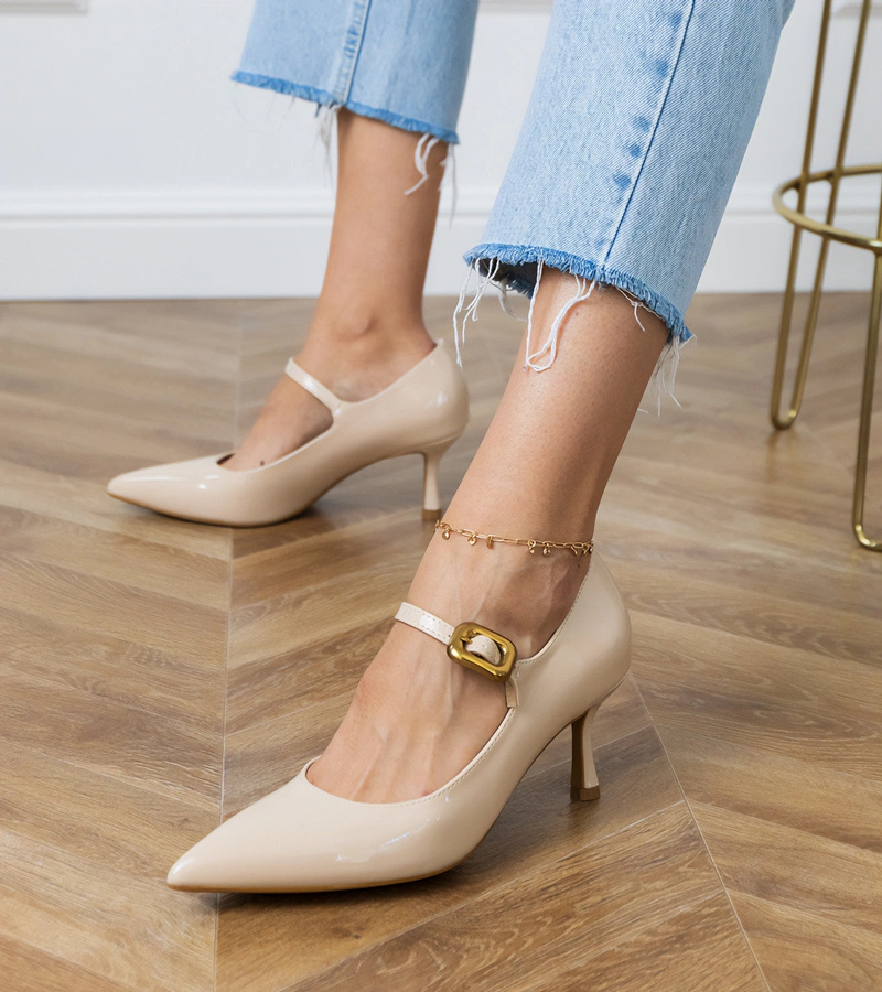 Hers Beżowe czółenka klasyczne z ozdobną klamerką