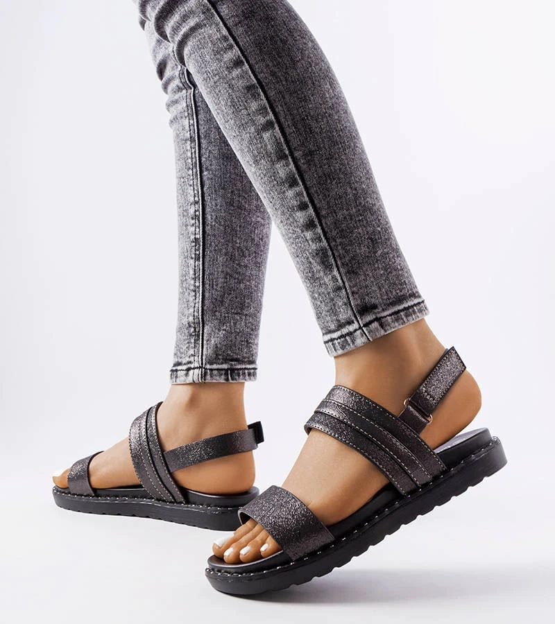 Hers Czarne sandały błyszczące na rzepy