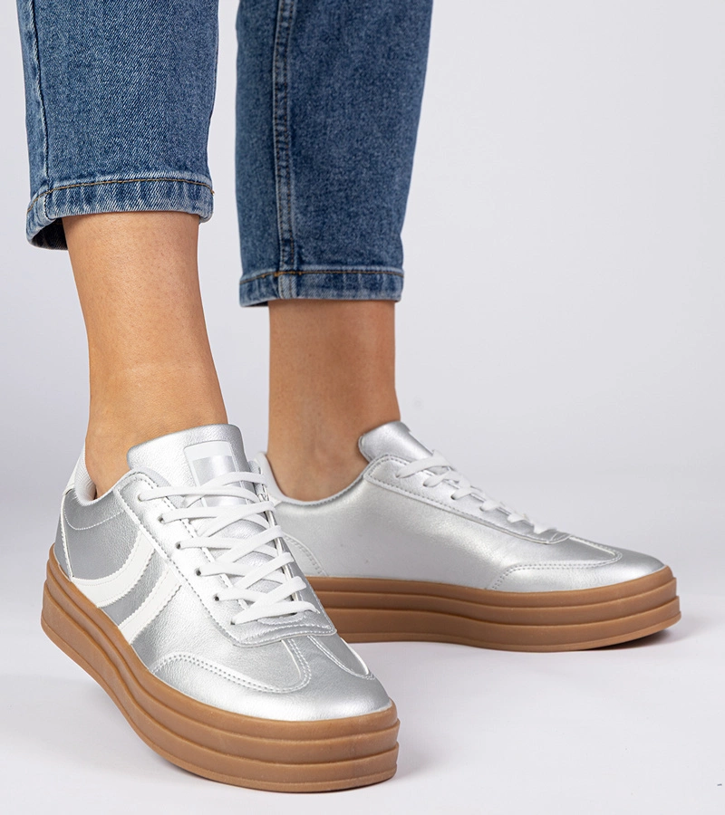 Hers Srebrne sneakersy trampki damskie sportowe na platformie