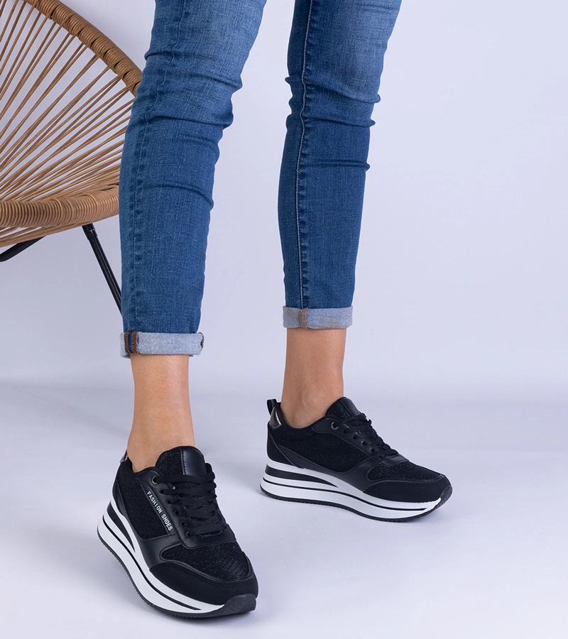Hers Sneakersy Damskie Czarne na Platformie