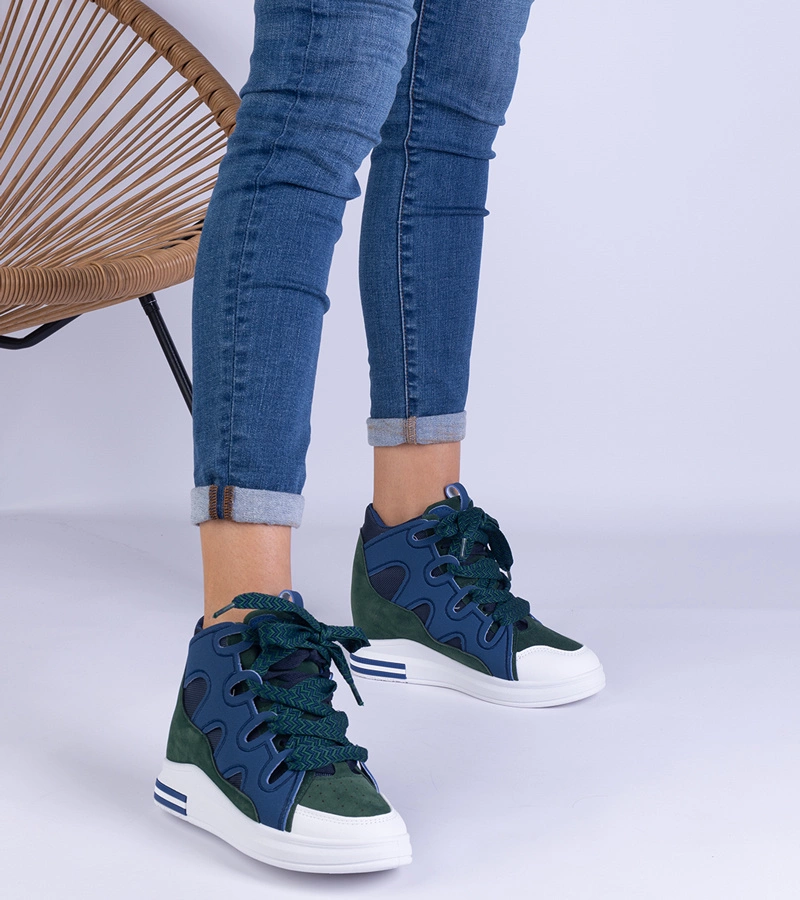 Hers sneakersy damskie granatowo-zielone z grubymi sznurówkami