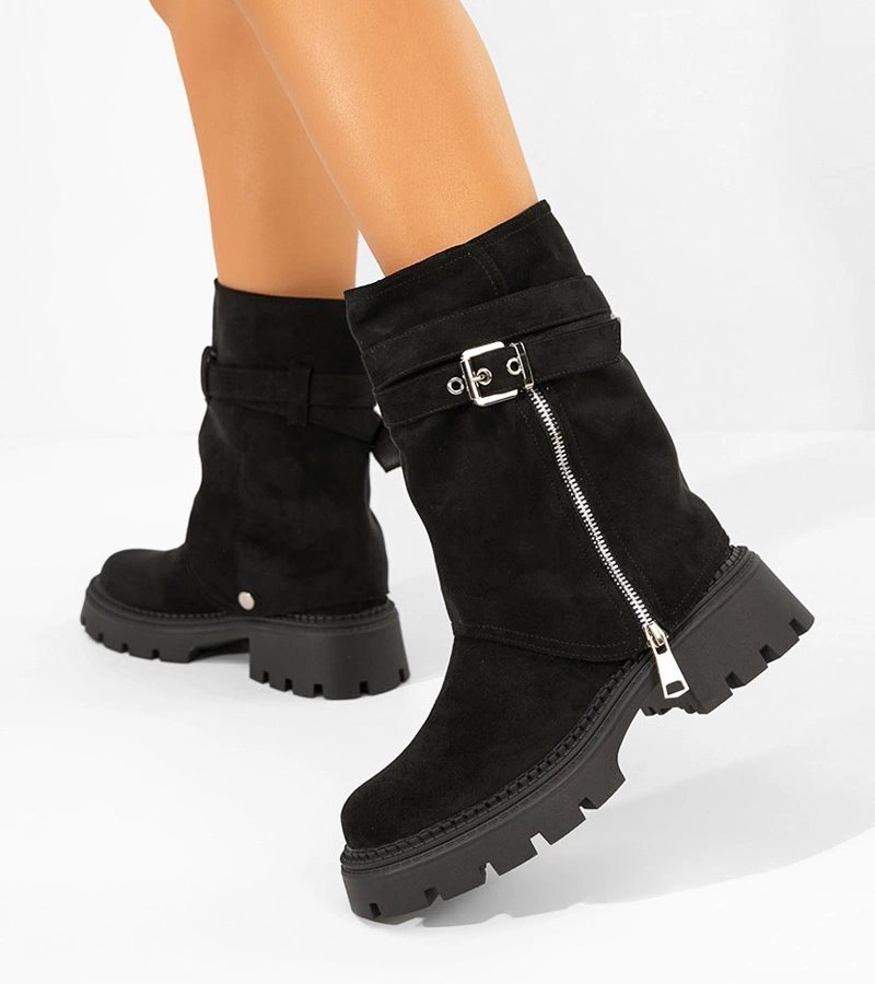 Hers Czarne botki z odpinaną cholewką z ozdobnym suwakiem