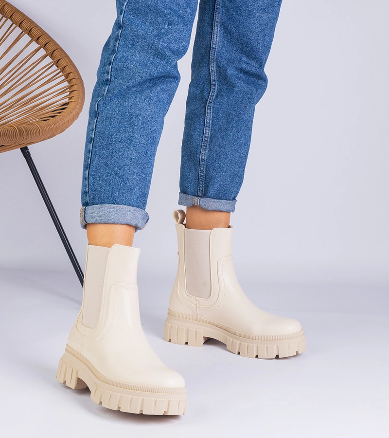 Hers botki płaskie damskie beżowe z elastyczną wstawką za kostkę