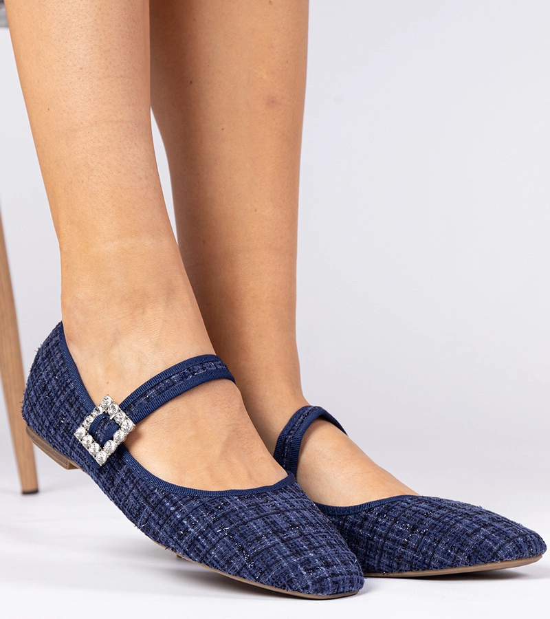 Hers Granatowe damskie balerinki z klamrą i krysztalikami