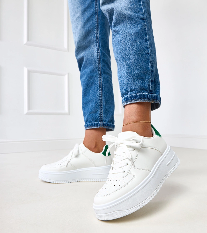 Hers białe sneakersy na platformie z zieloną wstawką damskie sportowe