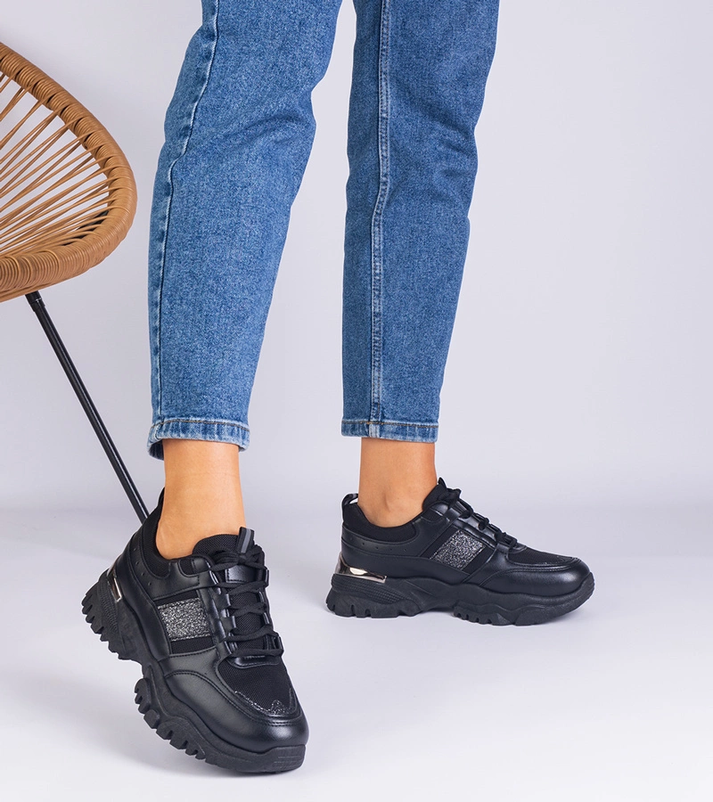 Hers sneakersy damskie czarne zdobione brokatem
