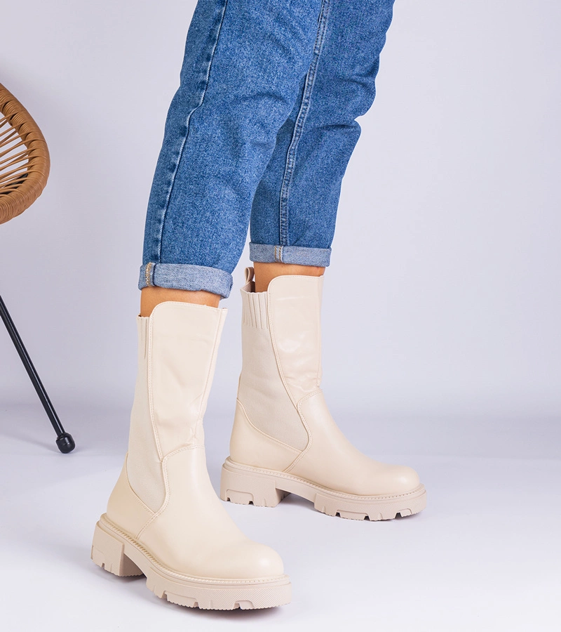 Hers botki płaskie damskie beżowe z materiałową wstawką