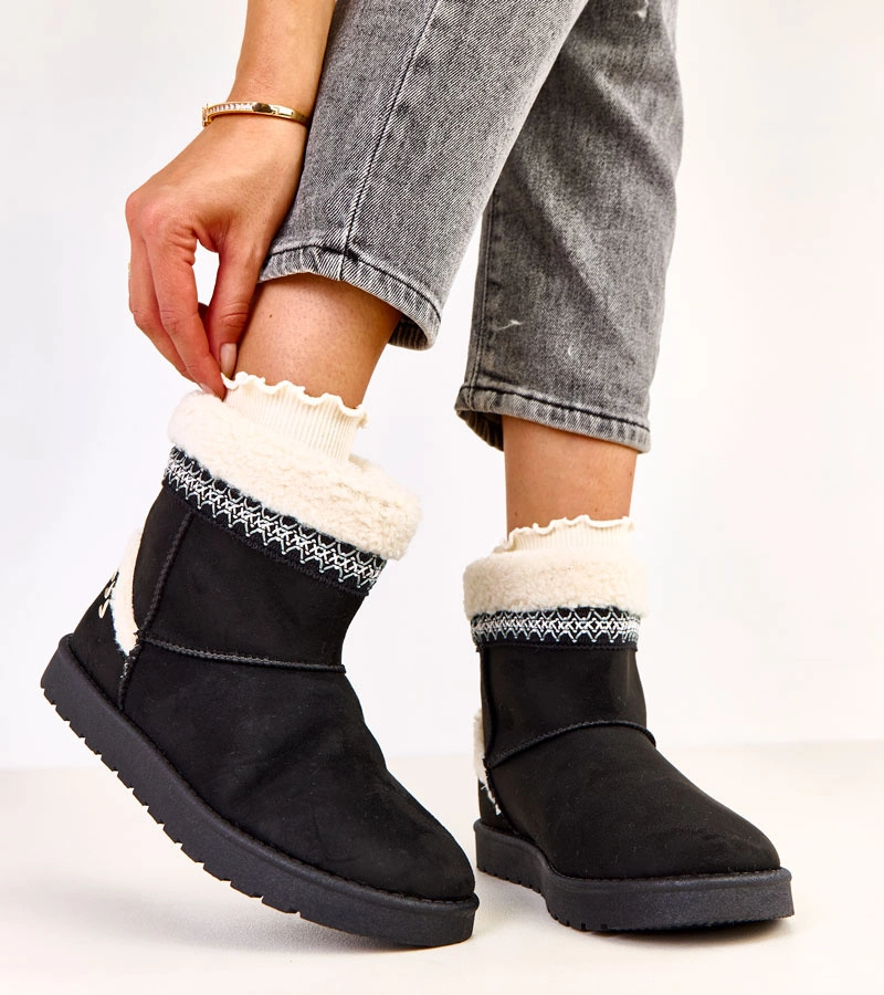 Hers Czarne niskie śniegowce zdobione haftem