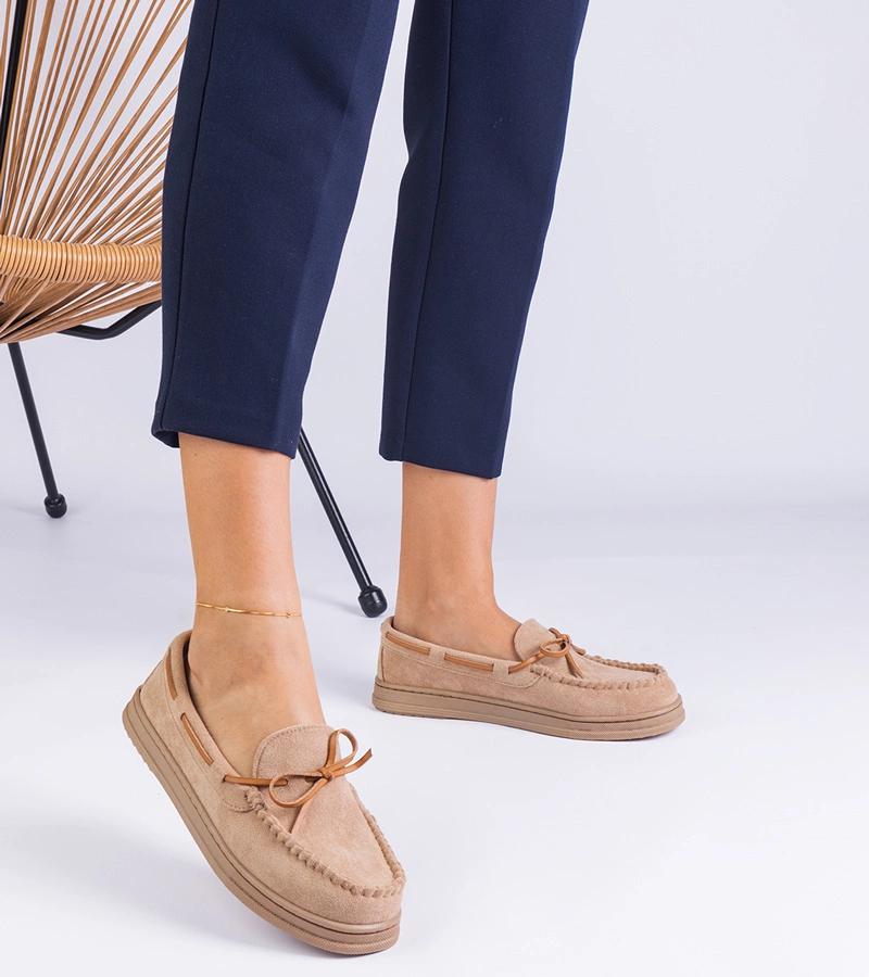 Hers Mokasyny Damskie Beżowe z Ekozamszu z Kokardką