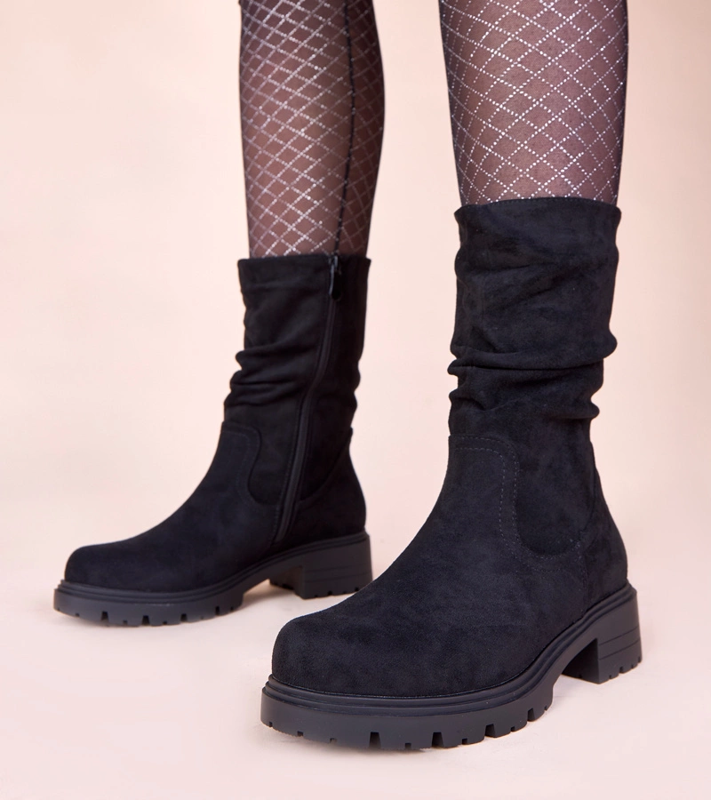 Hers Czarne botki na platformie z marszczeniem