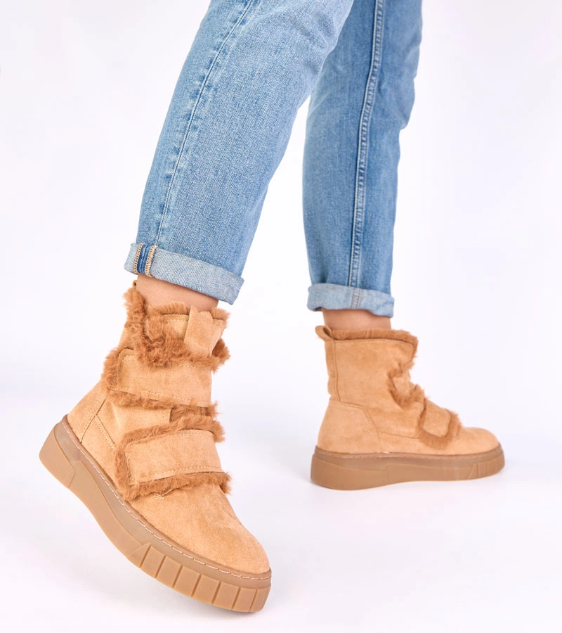 Hers Brązowe botki zapinane na rzep zdobione futerkiem