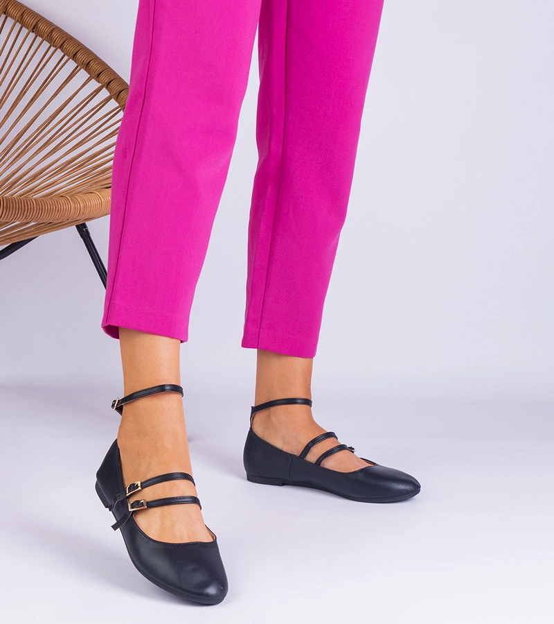 Hers Baleriny Damskie Czarne z Ekoskóry ze Sprzączkami