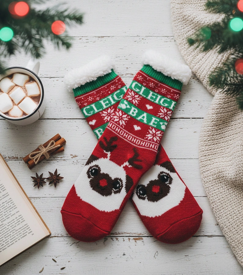 Ocieplane czerwone skarpety z pieskiem