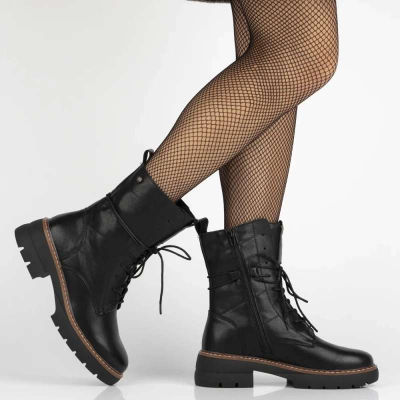 Hers Czarne botki ze skóry naturalnej z brązową wstawką