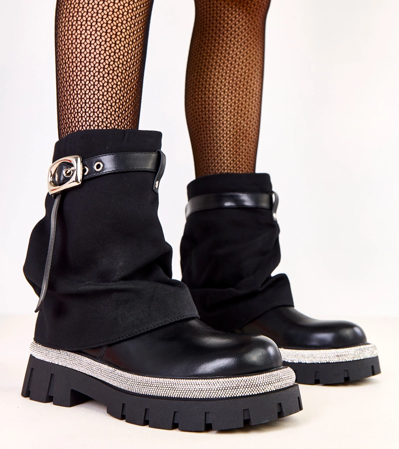 Hers Czarne botki z wywiniętą cholewką i cyrkoniami na brzegach