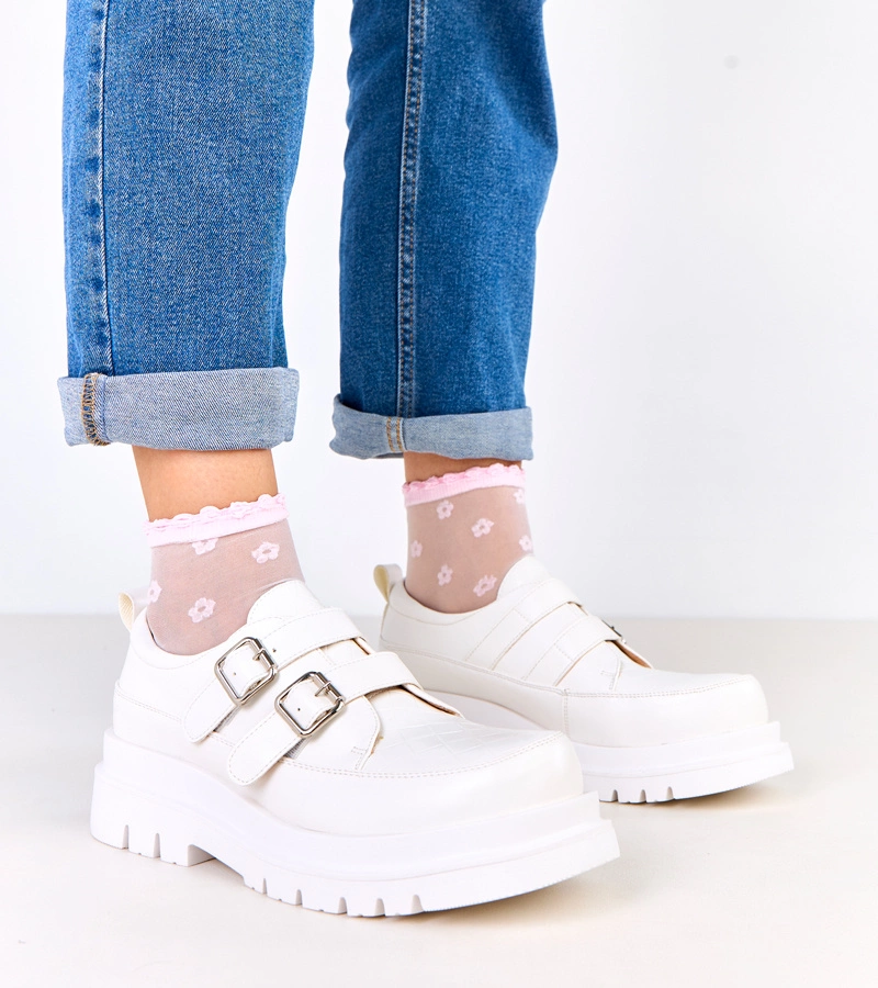 Hers Białe półbuty na masywnej podeszwie zdobione klamrami