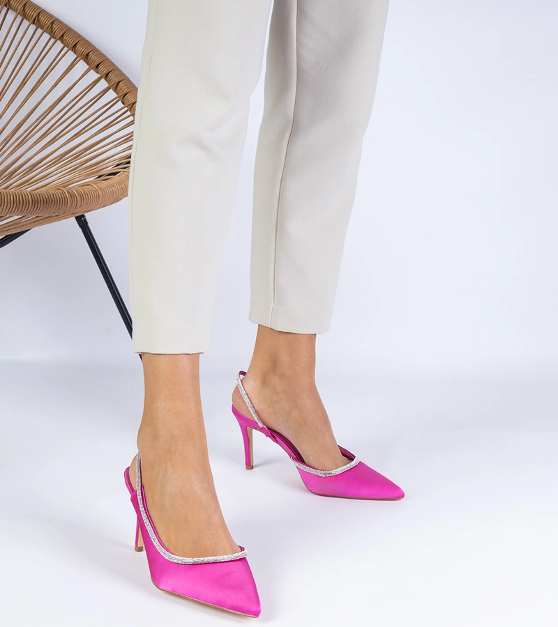 Hers Różowe czółenka satynowe z cyrkoniami z otwartą piętą