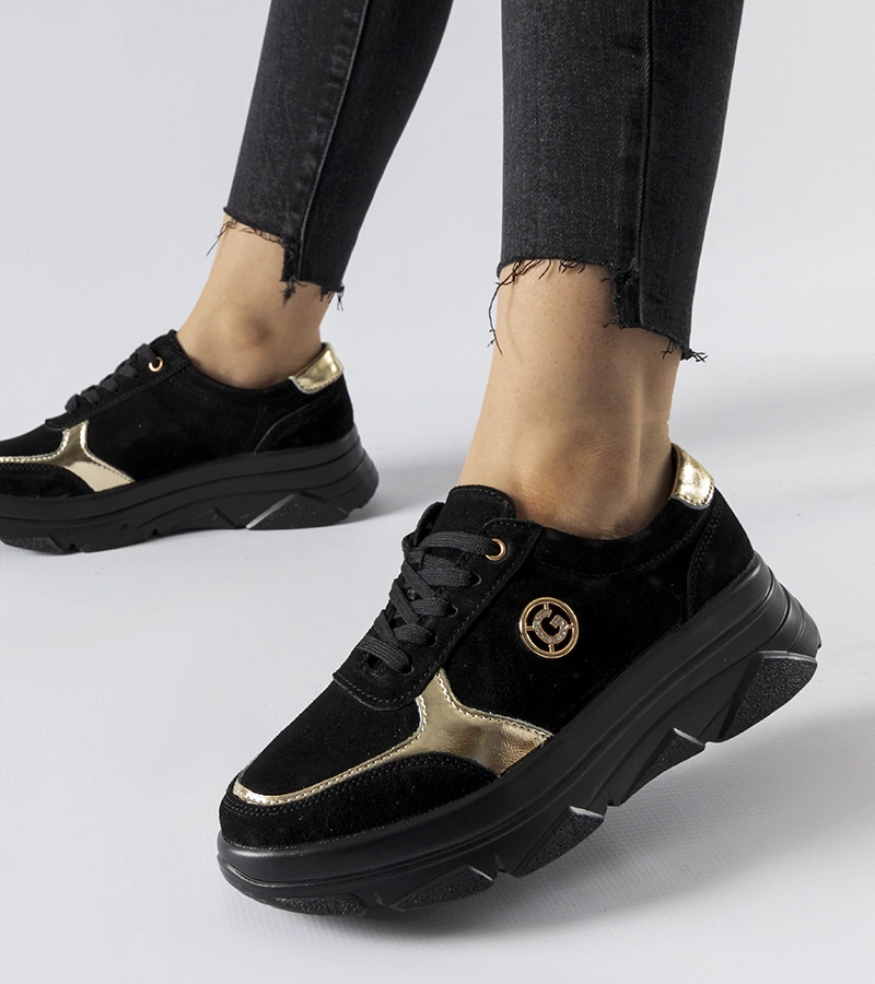 Czarne skórzane sneakersy z cyrkoniami