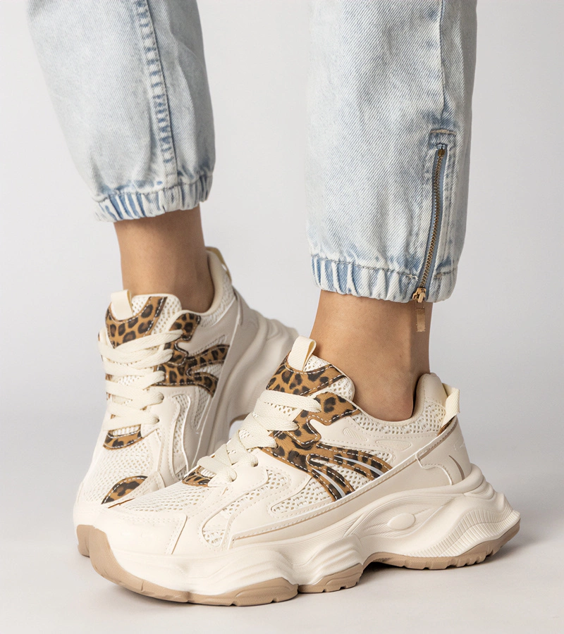 Hers Beżowe sneakersy damskie sportowe z panterkową wstawką