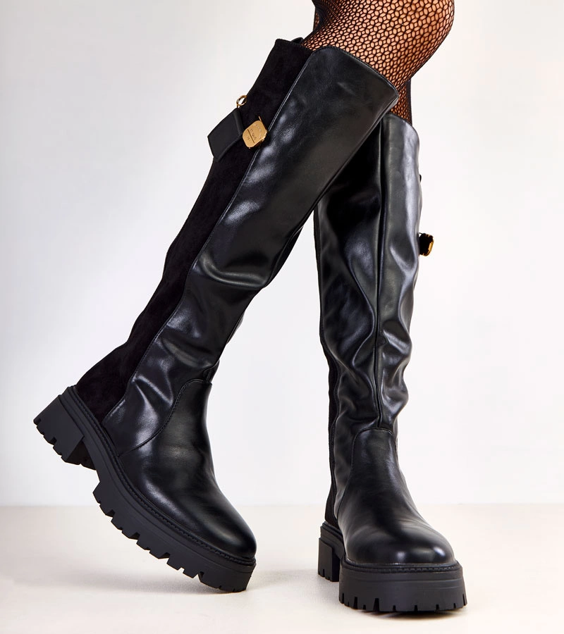 Hers Czarne kozaki zdobione złotą szpileczką