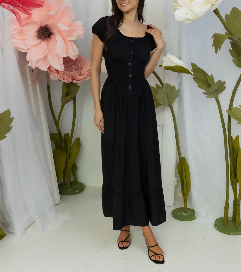 Hers Czarna sukienka maxi z krótkim rękawem