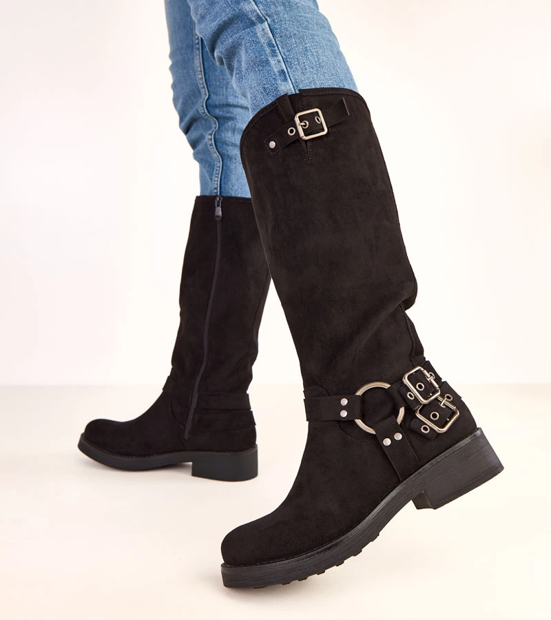 Hers Czarne kozaki z ozdobnymi sprzączkami