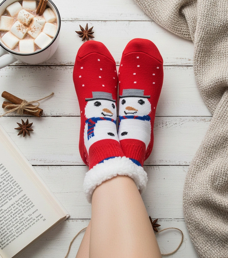 Ocieplane czerwone skarpety z bałwankiem