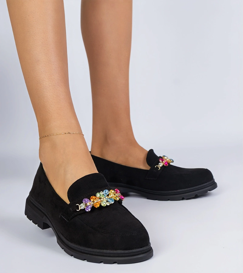 Hers Czarne mokasyny damskie zdobione kamieniami