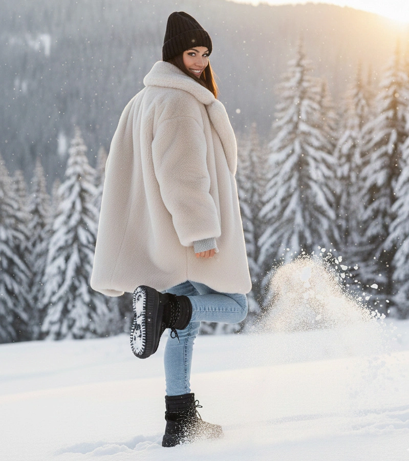 Hers Czarne śniegowce na platformie z futerkiem sznurowane